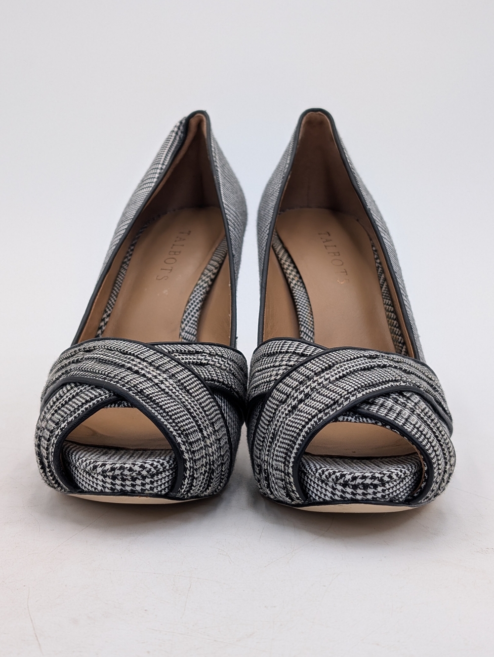 Talbots Sz 9.5M Plaid Black & White Textile Uppers Peep-Toe Crisscross Stiletto - Picture 11 of 17